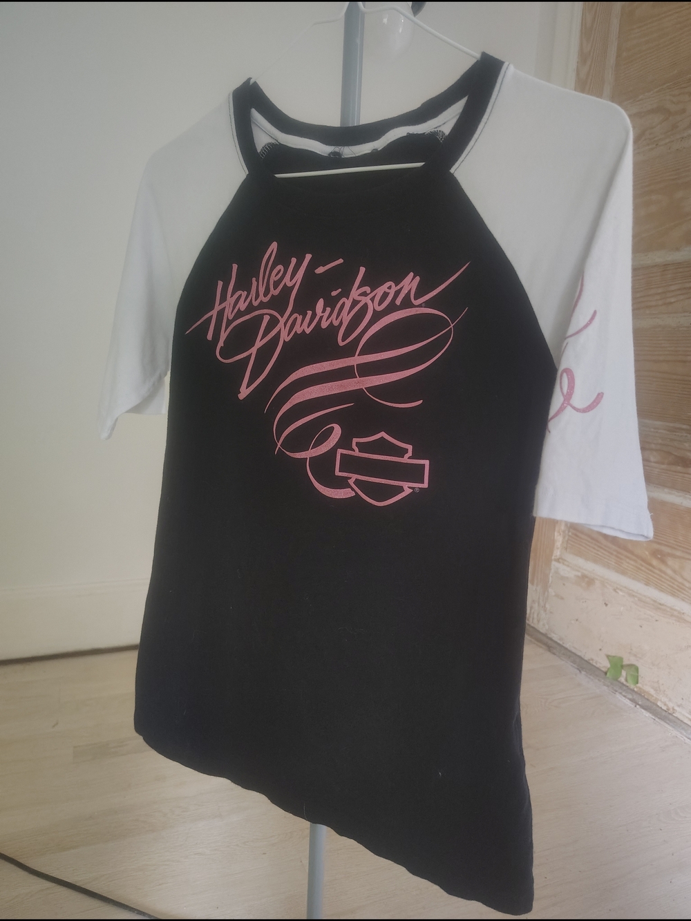 Harley-Davidson Black Raglan Tee with Pink Script and White Sleeves